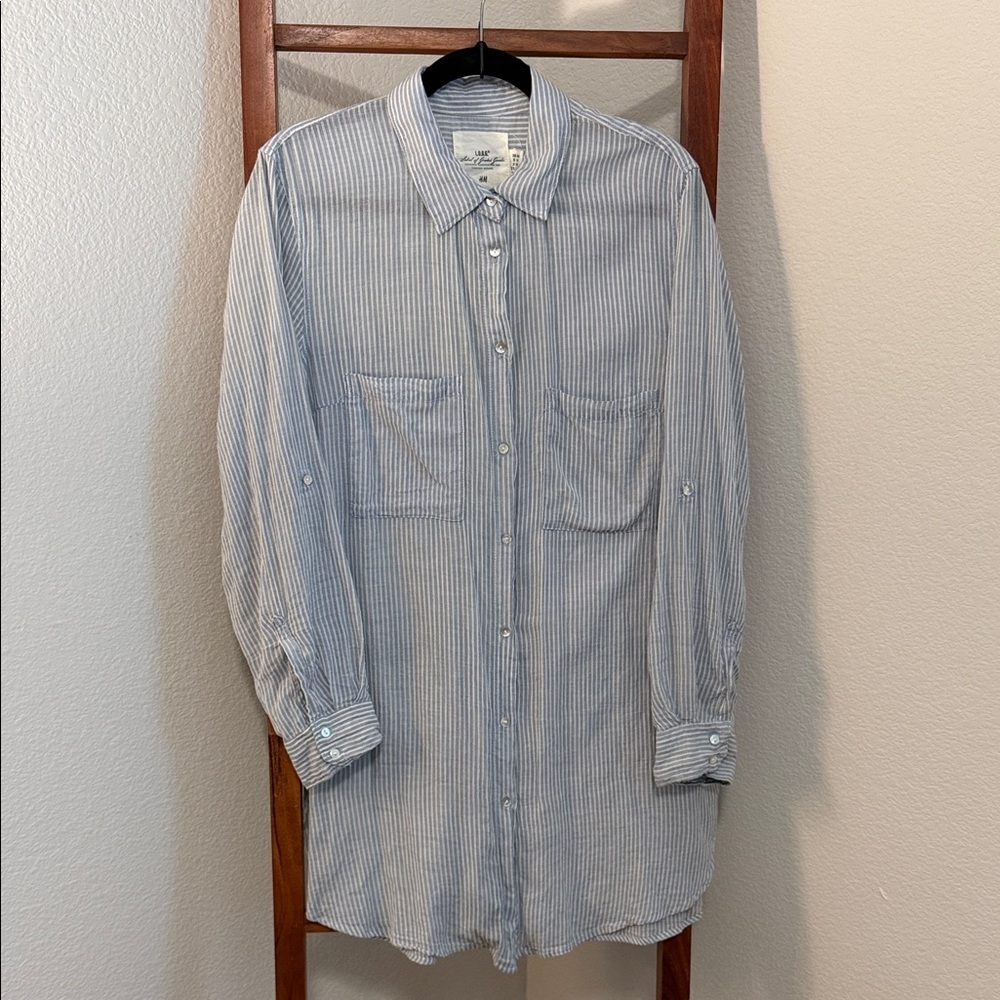 H&M LOGG Women's Blue and White Striped Cotton Button Up Tunic Size US 14